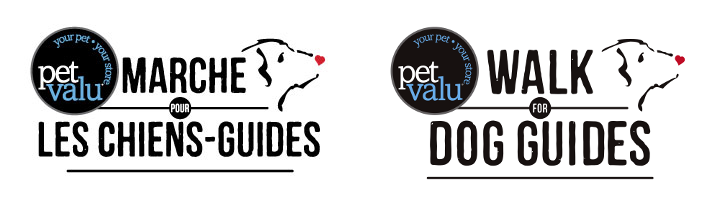 French and English logos for the PetValu Walk for Dog Guides